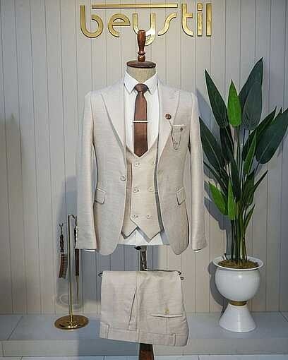 Beystil Sivri Yaka Krem Yelekli Kırçıllı Takım Elbise Storm- Slim Fit