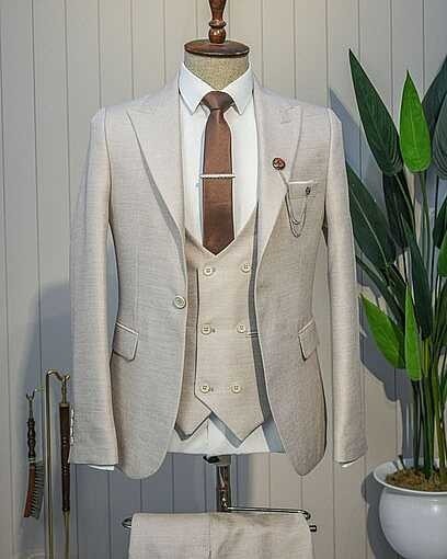 Beystil Sivri Yaka Krem Yelekli Kırçıllı Takım Elbise Storm- Slim Fit görsel 2