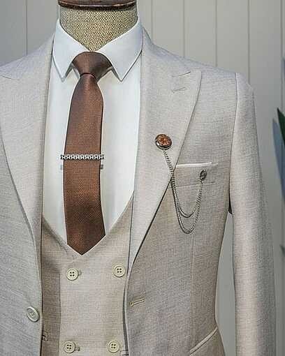 Beystil Sivri Yaka Krem Yelekli Kırçıllı Takım Elbise Storm- Slim Fit görsel 3
