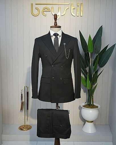 Beystil Oscar Slim Fit Siyah Kruvaze Takım Elbise Nikol