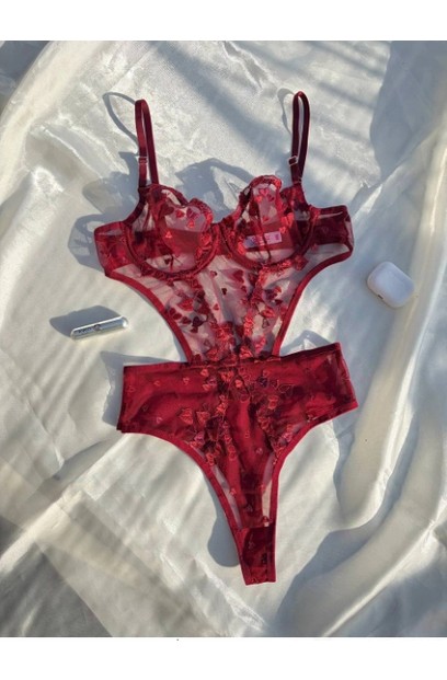 Arona Kadın Çiçek Desenli Transparan Vücuda Oturan Mavi Bodysuit - 123 görsel 5