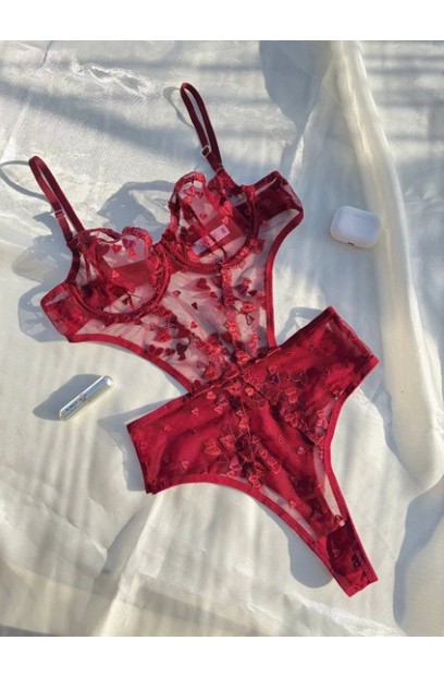 Arona Kadın Çiçek Desenli Transparan Vücuda Oturan Mavi Bodysuit - 123 görsel 6