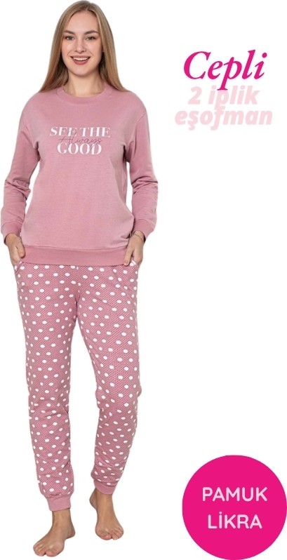 Guava Kadın Gri Kalp Desen Bisiklet Yaka Bilek Manşet 2 İplik Cepli Kışlık Jogger Eşofman Pijama Takımı Homewear