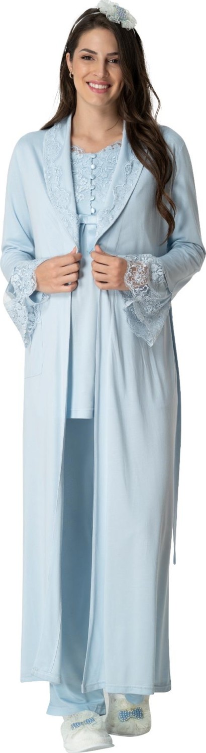 Mecit Pijama Mecit 5416 Mavi Uzun Sabahlıklı Lohusa Pjama Takımı