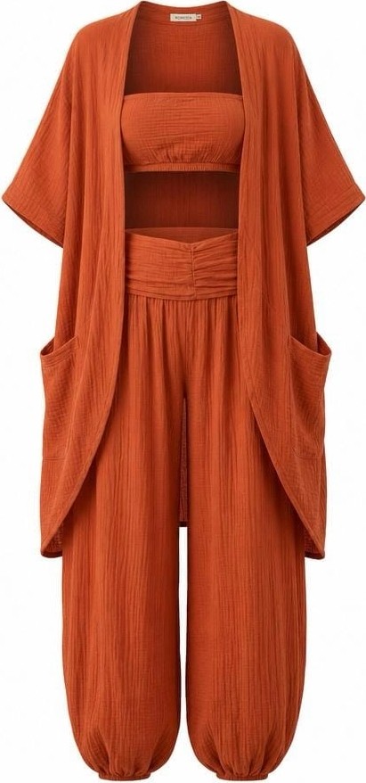 Byemelika %100 Pamuk, Bürümcük, Lastik Detay, Bohem Lidya Kaftan (Turuncu) görsel 5