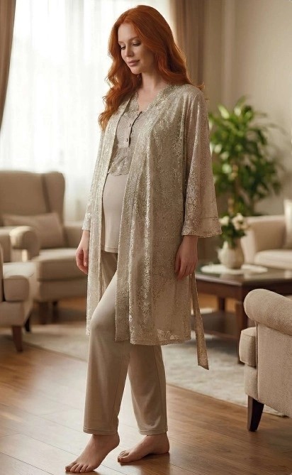 SS Home Concept Bone 6201 Kadın Jakar Saten Sabahlıklı Lohusa Pijama Takımı