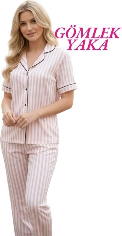 Guava Kadın Kırmızı Ekose Desenli Slim Fit Gömlek Yaka Önden Düğmeli Dar Kalıp Kısa Kol Pijama Takımı