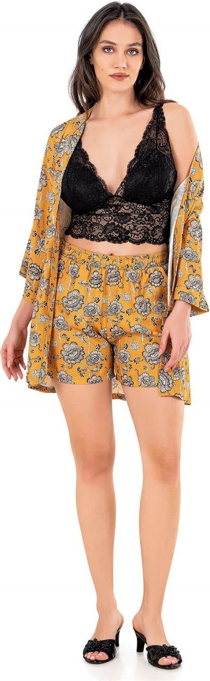 Flz Kadın Yazlık Dokuma Braletli Sabahlıklı Şort Üçlü Takım Homewear Flz 31-75