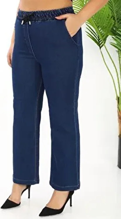 Gül Moda Beli Lastikli Bol Paça Kadın Kot Pantolon Likralı Pamuklu Lacivert G115-1