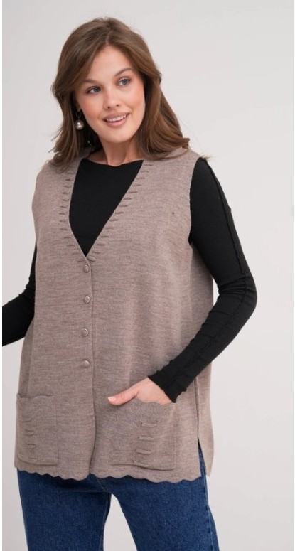 Fresh Moda Kadın Anne Büyük Beden Triko Düz Model Yelek görsel 3