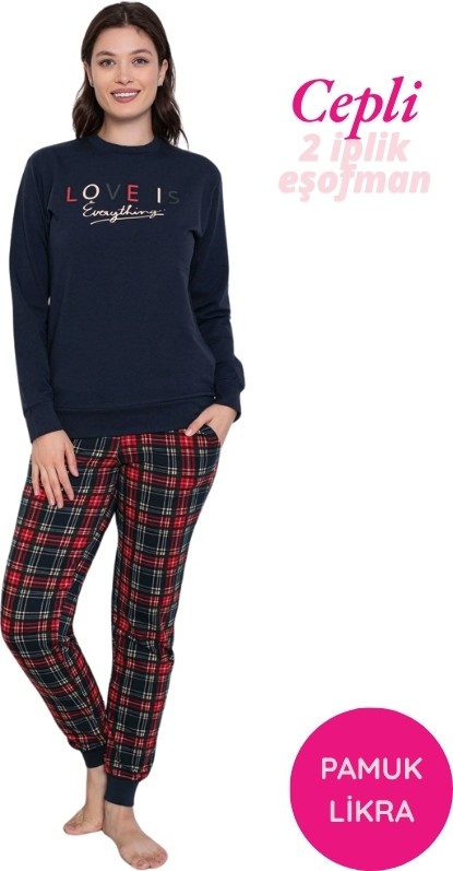 Guava Kadın Gri Kalp Desen Bisiklet Yaka Bilek Manşet 2 İplik Cepli Kışlık Jogger Eşofman Pijama Takımı Homewear
