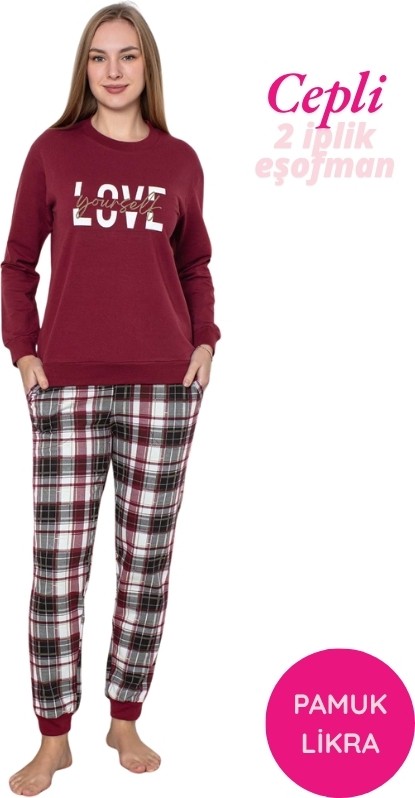 Guava Kadın Gri Kalp Desen Bisiklet Yaka Bilek Manşet 2 İplik Cepli Kışlık Jogger Eşofman Pijama Takımı Homewear