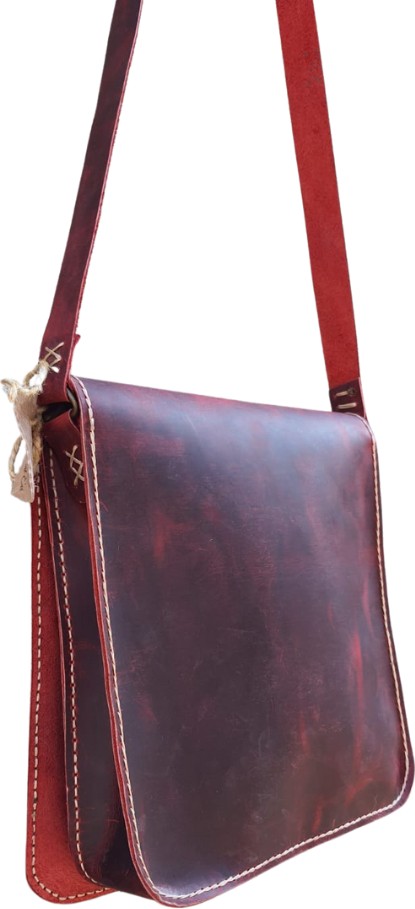 Semiramis Thor Model Hakiki Deri El Yapımı Unisex Bordo Tek Körüklü Vintage Postacı Çantası görsel 2