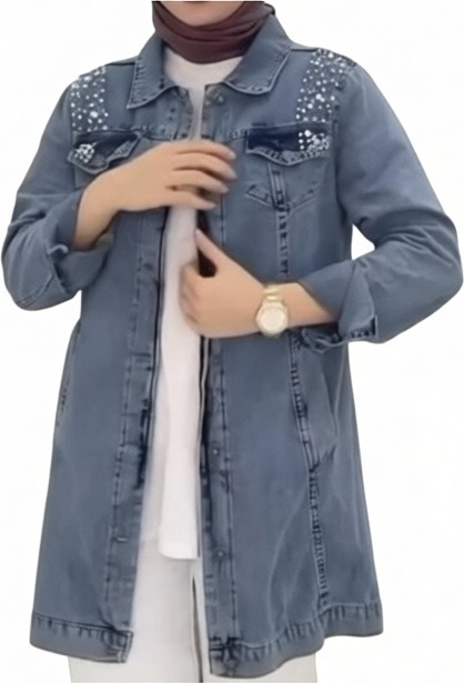 Harman Butik Kadın Taşlı Kot Ceket Mavi Dokuma Kumaş Normal Kalıp Günlük Tarz Cepli görsel 4