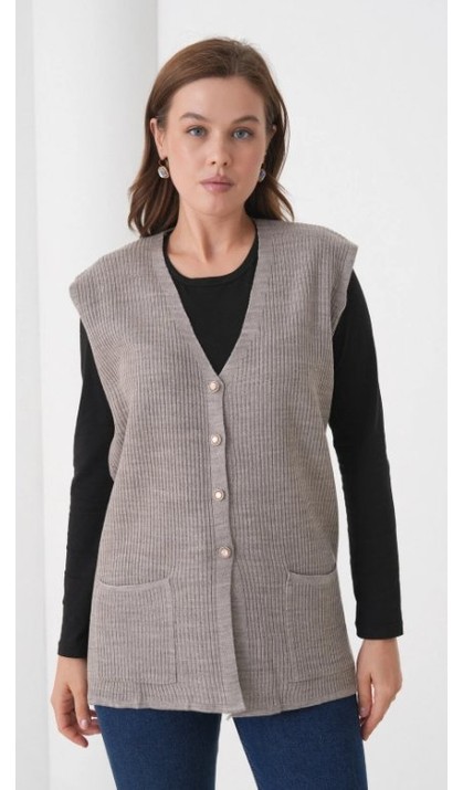 Fresh Moda Kadın Anne Büyük Beden Fitilli Yün Triko Yelek görsel 2