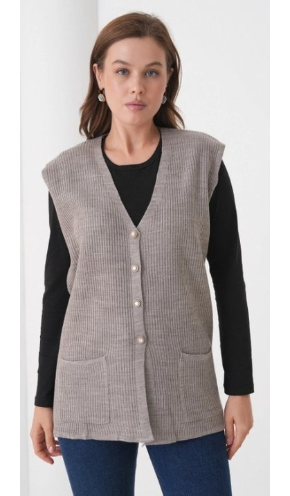 Fresh Moda Kadın Anne Büyük Beden Fitilli Yün Triko Yelek görsel 4
