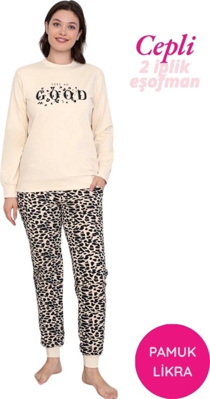 Guava Kadın Gri Kalp Desen Bisiklet Yaka Bilek Manşet 2 İplik Cepli Kışlık Jogger Eşofman Pijama Takımı Homewear