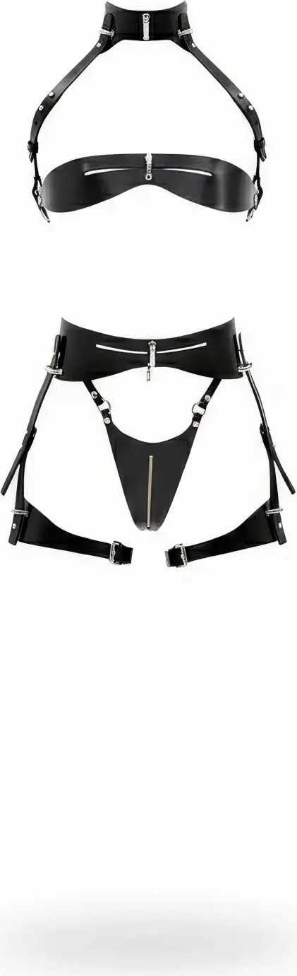Pileli Store Siyah Jartiyer Harness Suni Deri Fermuar Detaylı Bralet Takım - BRF1373