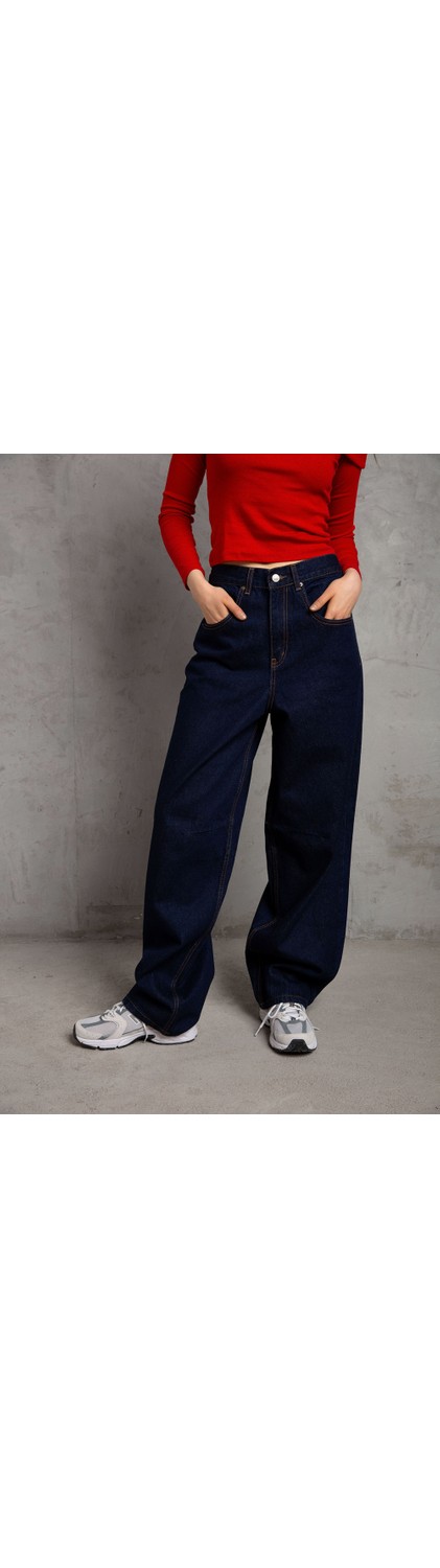 Domoda Toka Detaylı Bol Kesim Geniş Paça Rahat Baggy Jean Kot Salaş Kadın Pantolon @milano görsel 2
