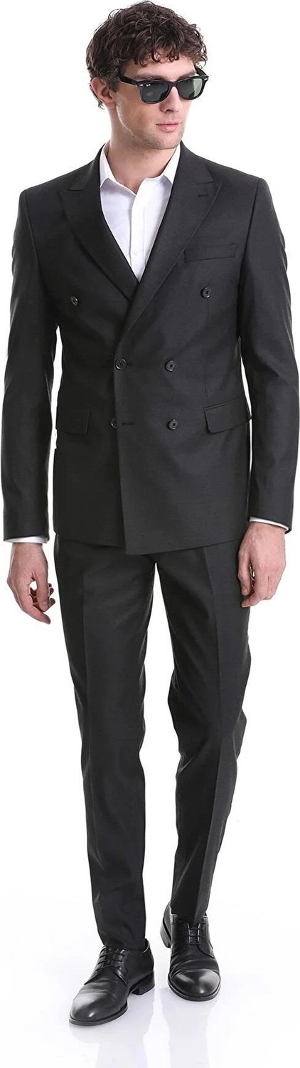 Süvari Slim Fit Düz Siyah Kruvaze Takım Elbise görsel 4