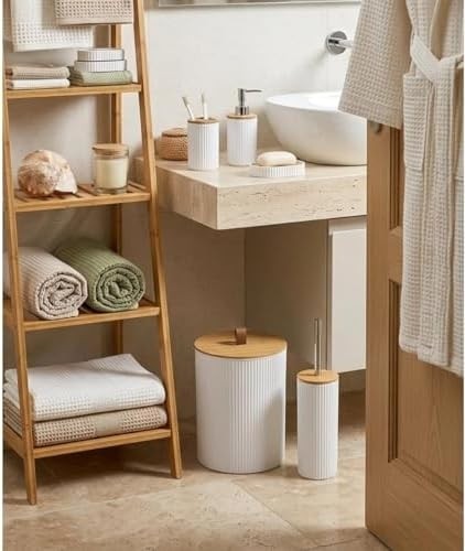 Prime 5 Parça Yuvarlak Banyo Seti, Bambu Kapaklı, Beyaz, Hacim: 7 Litre