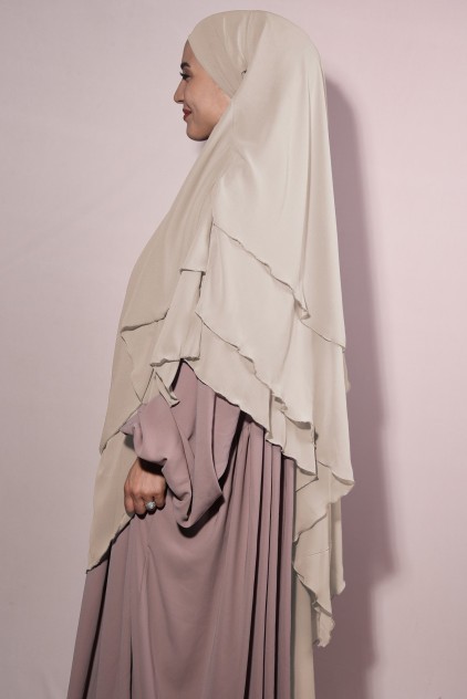 Hazır Bağlama Üç Katlı Şifon Hac Umre Şalı Sufle Khimar Hijab Krem Rengi görsel 2