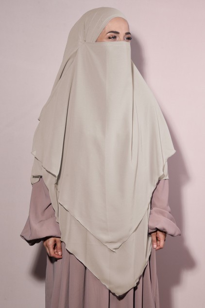 Hazır Bağlama Üç Katlı Şifon Hac Umre Şalı Sufle Khimar Hijab Krem Rengi görsel 3