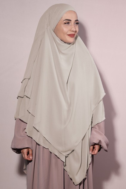 Hazır Bağlama Üç Katlı Şifon Hac Umre Şalı Sufle Khimar Hijab Krem Rengi görsel 4