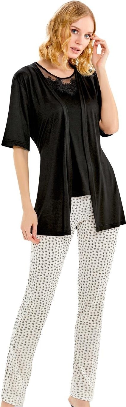Flz Kadın Yazlık Sabahlıklı Sıfır Kol Dantel Detaylı Üçlü Set Siyah Homewear Flz 31-14 görsel 2