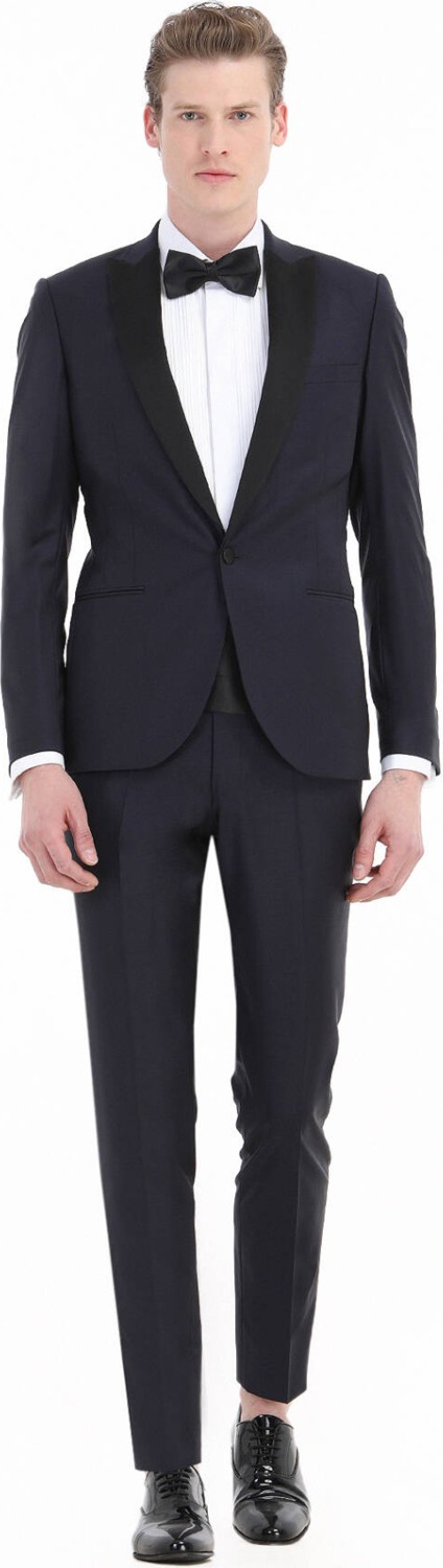 Ramsey Lacivert Düz Fashion Slim Fit Kruvaze Yaka Dokuma Smokin Takım Elbise görsel 6