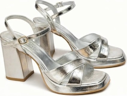 Foreversoles Kadin Gumus Platform Kalin Topuklu Sandalet Metalik Strappy Abiye Ayakkabi