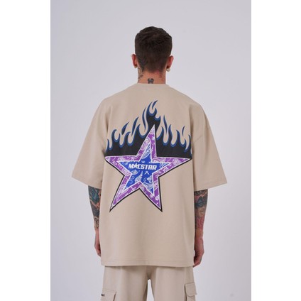 Erkek Macstar Flame Baskılı Oversize Açık Bej Tişört