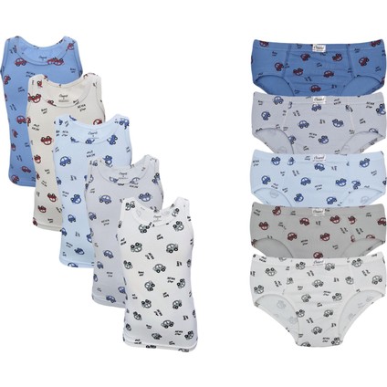 Erkek Çocuk 5'li Paket Karışık Renk Vosvos Baskılı Likralı Atlet Boxer Takım
