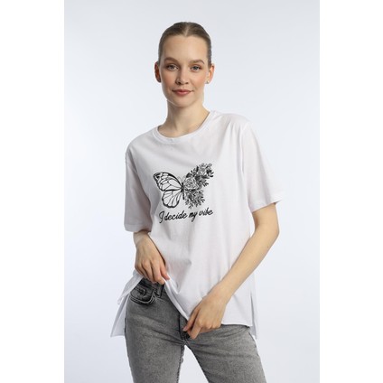 Kadın Bisiklet Yaka Kelebek Baskılı Oversize Tişört Beyaz