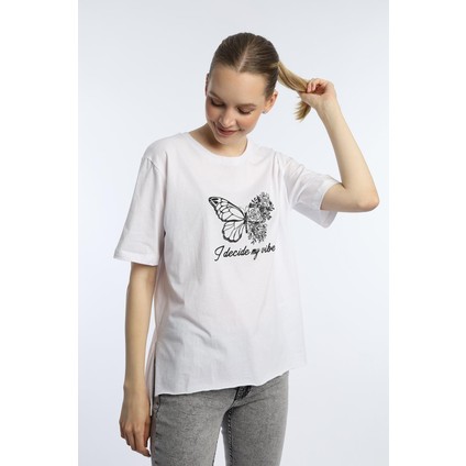 Kadın Bisiklet Yaka Kelebek Baskılı Oversize Tişört Beyaz fiyatları