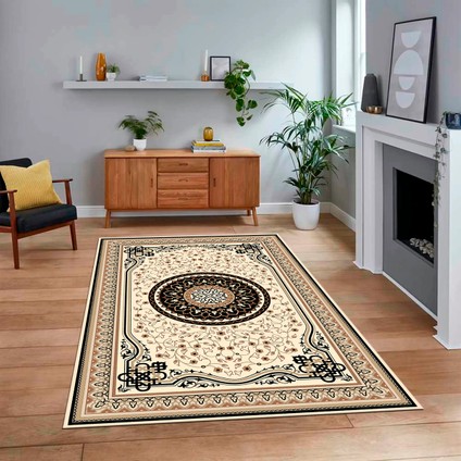 Dijital Baskılı Kaymaz Taban Yıkanabilir Klasik Desen Yolluk Salon Halısı, V-Klasik-18-Siyah,