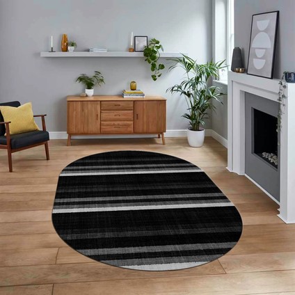 Dijital Baskılı Kaymaz Taban Yıkanabilir Oval Modern Yolluk Salon Halısı, V-O-Modern-25-Antrasit,