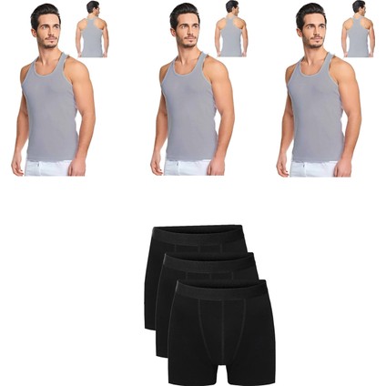 Belifanti Collection Erkek Pamuklu 3'lü Gri Sporcu Atlet ve 3'lü Siyah Boxer 6 Parça Set