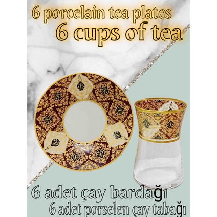 Heybeli Altın Bordo Desen Model 6 Kişilik Çay Seti