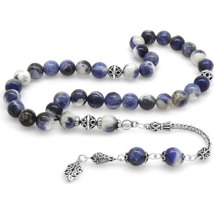 925 Ayar Gümüş Püsküllü Küre Kesim Sodalit Doğaltaş Tesbih