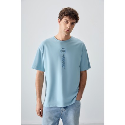 Açık Mavi %100 Pamuk Kalın Yumuşak Dokulu Oversize Fit Baskılı Erkek T-Shirt - 88355
