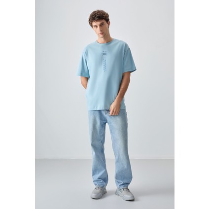 Açık Mavi %100 Pamuk Kalın Yumuşak Dokulu Oversize Fit Baskılı Erkek T-Shirt - 88355