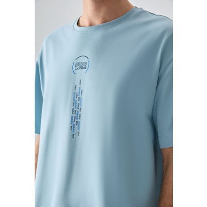 Açık Mavi %100 Pamuk Kalın Yumuşak Dokulu Oversize Fit Baskılı Erkek T-Shirt - 88355