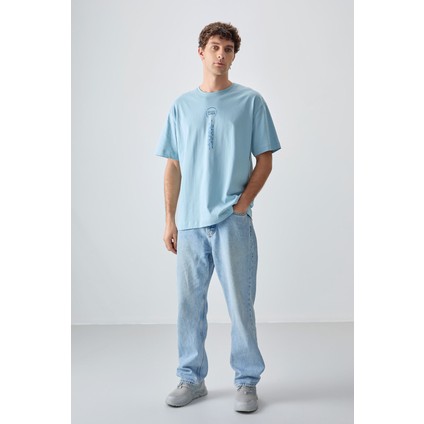 Açık Mavi %100 Pamuk Kalın Yumuşak Dokulu Oversize Fit Baskılı Erkek T-Shirt - 88355