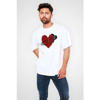 Bisiklet Yaka Baskılı Oversize T-Shirt - Beyaz