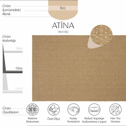 Atina 9104 Bej Halı Balkon Oturma Odası Halısı Hasır Halı Kilim Antre Hol Halısı Kesme Halı Yolluk