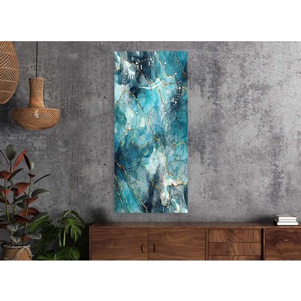 Modern Soyut Turkuaz Mermer Desenli Saatli Sanat Temalı 50X110 cm Cam Tablo DSUS0024