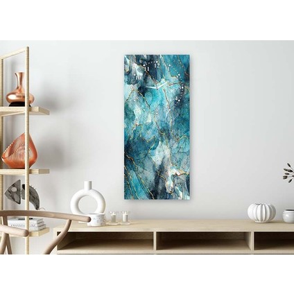 Modern Soyut Turkuaz Mermer Desenli Saatli Sanat Temalı 50X110 cm Cam Tablo DSUS0024