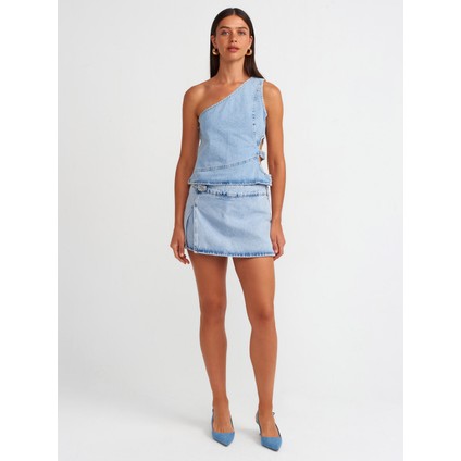 71680 Yanı Tokalı Denim Şort Etek-Mavi