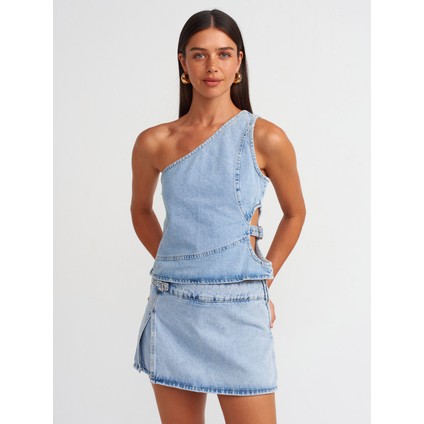 71680 Yanı Tokalı Denim Şort Etek-Mavi modelleri